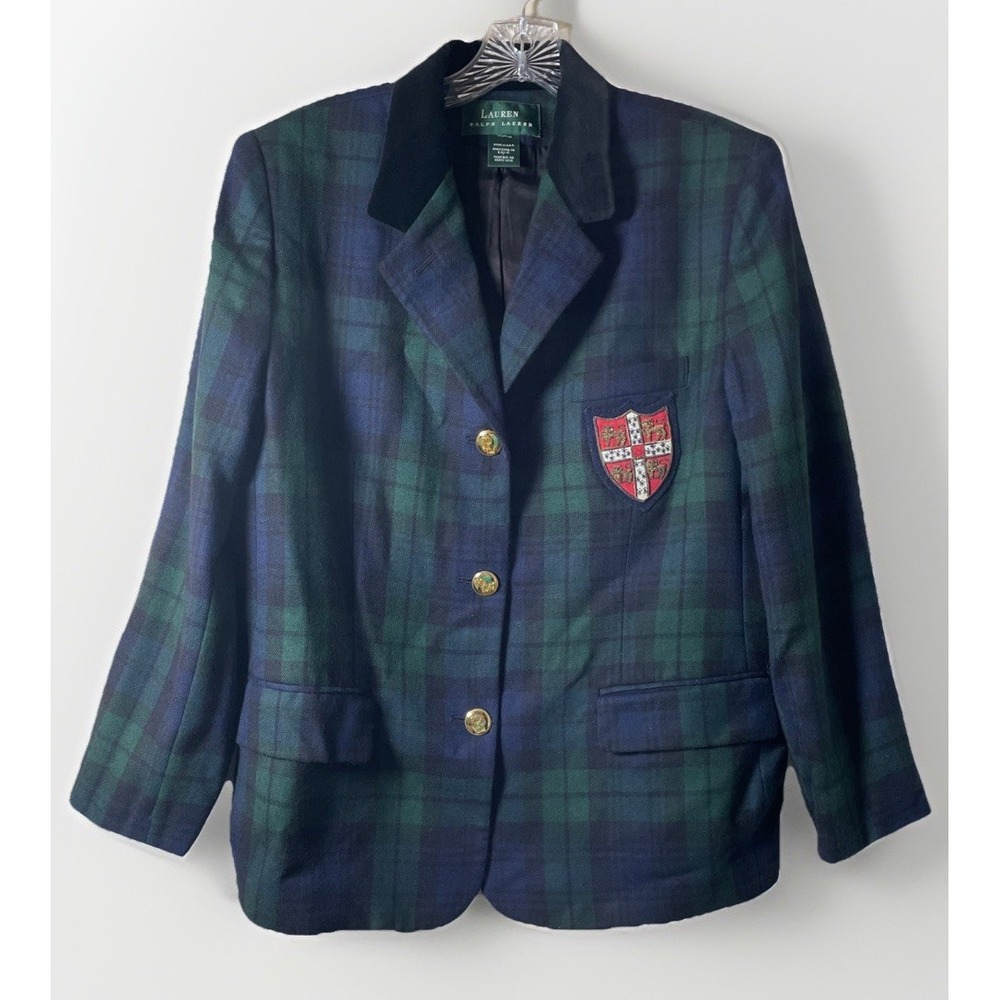 Lauren Ralph Lauren Blackwatch Crested Tartan Plaid Vintage Wool Blazer Women 12